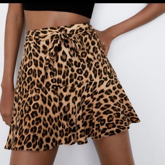 ZARA Animal Leopard Print High Waisted Skort with bow tie Sz. S - Picture 1 of 9
